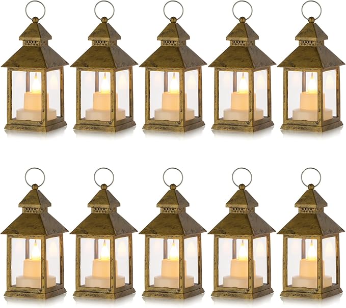 Romadedi Mini Lanterns Decorative for Centerpiece -10 PCS Hanging Small Gold Lantern Bulk with Flickering LED Candles for Wedding Table Decor Halloween Decorations Christmas, Batteries Included