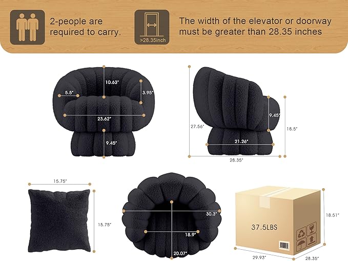 Mid Century Modern 360 Degree Barrel Swivel Accent Sofa Chair,Fluffy Sherpa Fabric Lounge Wide Upholstered Pumpkin Reading Chair, Round Cloud Armchair for Living Room,Bedroom,Vanity(Black)