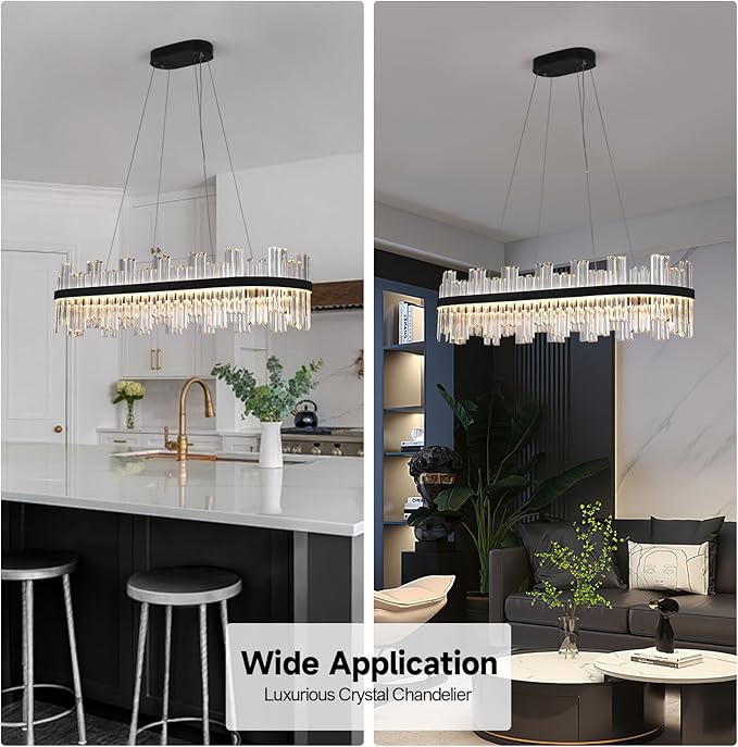 Black Led Modern Crystal Chandelier: 39.3" Rectangle Linear 3 Color Dimmable Chandeliers for Dining Room Over Table - Luxury Rectangular Contemporary Oval Light Fixture for Living Room Bedroom Foyer