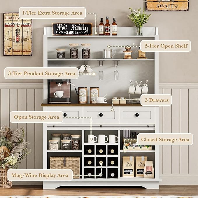 63 Inch Coffee Bar Cabinet with 3-Tier Storage, Kitchen Storage Cabinets with 3 Drawers, Farmhouse Coffee Bar with 9 Racks, 3 Glass Holders, Wine Bar for Living Dining Room, White
