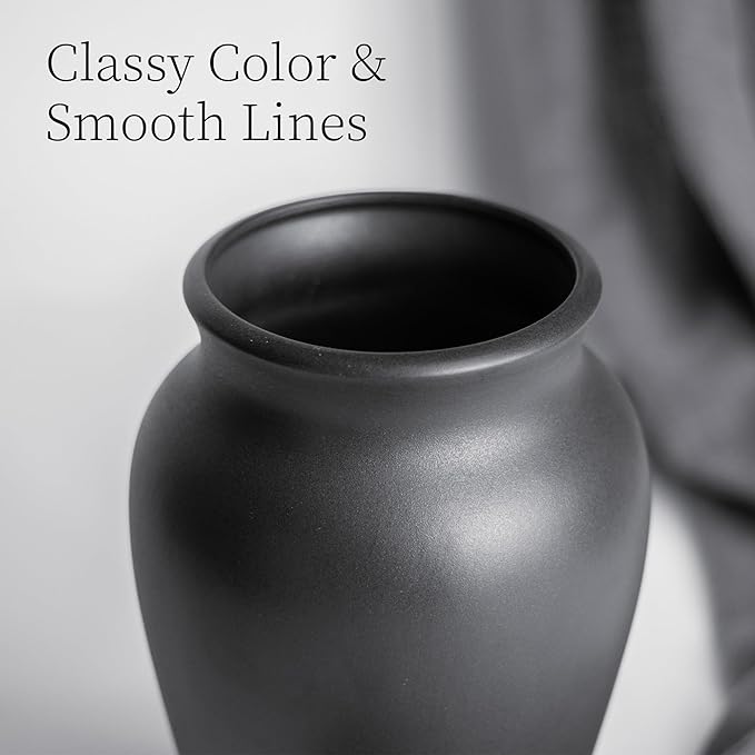 Ceramic Black Vase Home Decor, 9 Inch Wide Mouth Pottery Vase, Vintage Farmhouse Boho Neutral Terracotta Rustic Decor for Living Room, Entryway, Floor, Mantel Decoration
