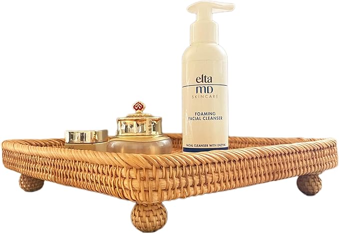 i-lan 12.5" Square Rattan Serving Basket - Square Woven Bread, Fruit, Keys Bowl Pedestal Stand with 1”Side,Flat Wicker Decorative Snack Basket Trays for Candy Dish,Rustic Platter,Display Riser