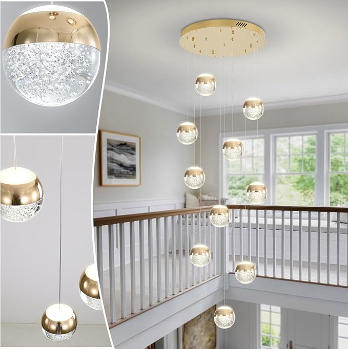 LED Staircase Chandelier Crystal Globe Pendant Light Gold Large Chandeliers for High Ceiling,10-Lights Hanging Flush Mount Lighting Fixtures for Foyer,Entryway,Living Room