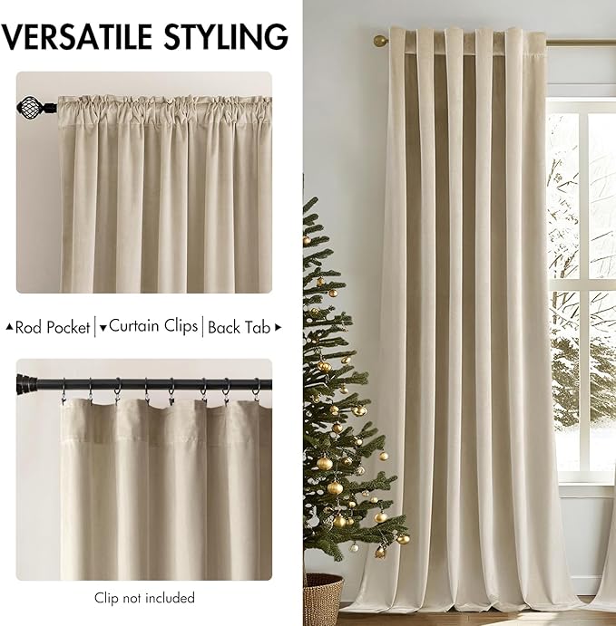 MIULEE Velvet Curtains 108 inches - Luxury Blackout Curtains for Bedroom Living Room Thermal Insulated Super Soft Window Drapes Rod Pocket & Back Tab, Beige, W52 x L108 inches, 2 Panels
