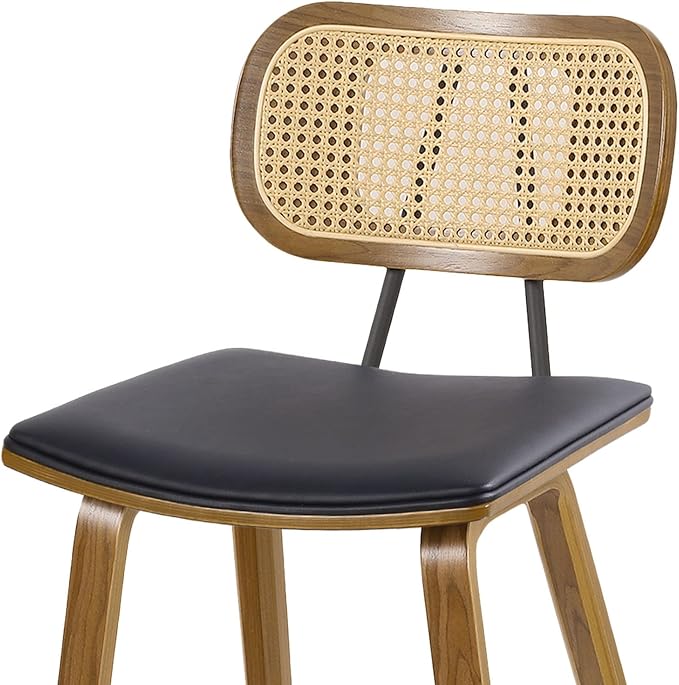 Counter Height Bar Stools Set of 4, Mid Century Modern Counter Stools, 26" Wood Kitchen Stool PU Leather Upholstered Barstool with Rattan Back, Counter Height Island Dining Bar Chair, Black