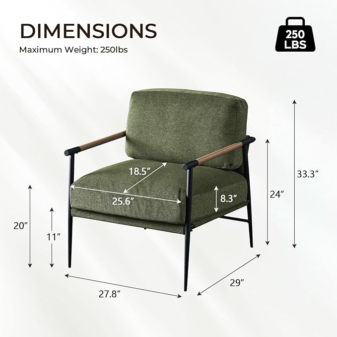 Accent Chair Mid Century Modern Armchair for Living Room,Bedroom,Office,Lounge Comfy Chenille Upholstered Soft Removable Washable Cushions and Pillows,Metal Wood-Grain Armrest Legs,Green