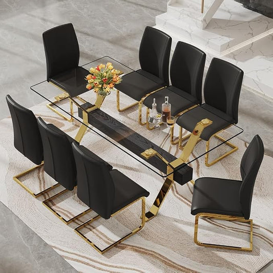 71'' Glass Dining Table Set for 8,9 Piece Dining Table Set with Open‑Frame X‑Shaped Golden Metal Base,Gold Kitchen Table and Chairs Ideal for Dining Room&Home Office