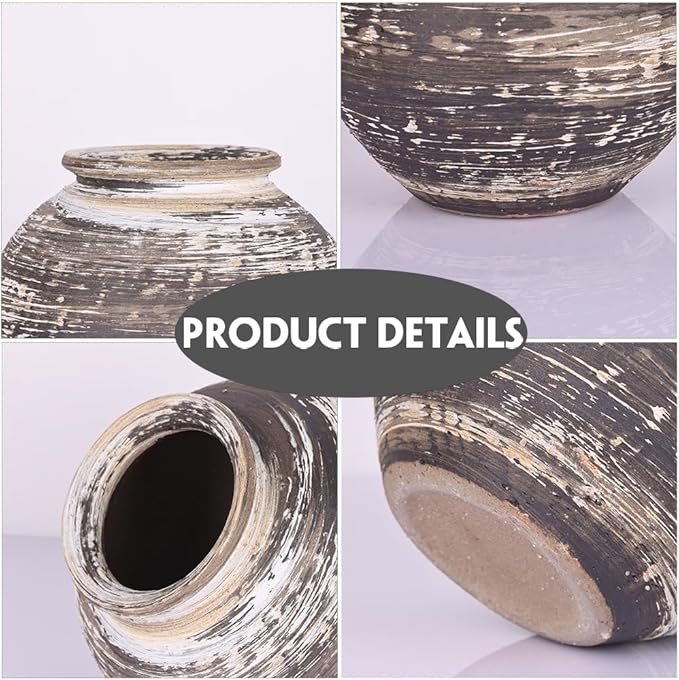 Rustic Terracotta Vase for Farmhouse Decor, Large Vintage Pottery Vases for Home, Wide Mouth Ceramic Vase for Living Room, Kitchen, Table Centerpieces, Modern Rustic Stone Vases