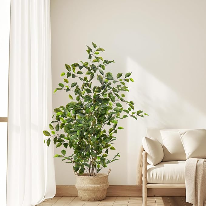 Artificial Ficus Tree Indoor 4ft, Large Potted Faux Tree with Realistic Silk Leaves & Trunk for Home Office, Living Room Corner Decor