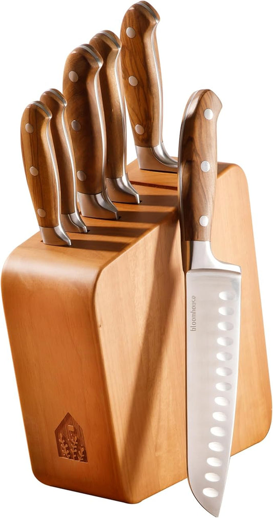Bloomhouse 7 Piece Italian Olive Wood Kitchen Knife Block Set w/German Forged Stainless Steel Knives