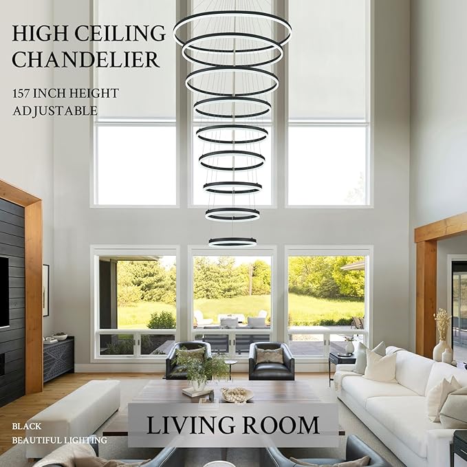 9-Rings D39.4’’ Modern LED Chandelier Black Dimmable High Ceiling Foyer Chandeliers Entryway with Remote Control for Staircase Entryway Living Room Foyer, 3000K-6500K