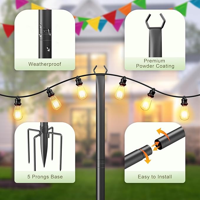 String Light Poles for Outside, 10ft Adjustable Metal Poles for Outdoor String Lights Hanging Light, Outdoor Light Poles with Fork, for Patio, Deck, Backyard, Garden (6 Pack)