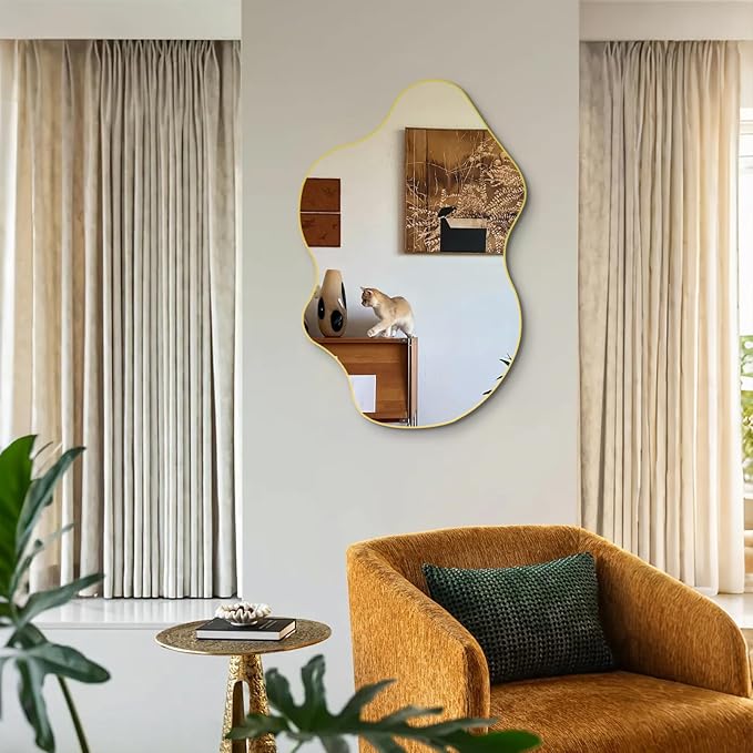 Gold Irregular Mirror, Asymmetrical Wall Mirrors, 31.5"x23.6" Waved Shaped Mirror, Modern Frameless Decorative Mirrors for Living Room Bathroom Bedroom Hallway Entryway Fireplace