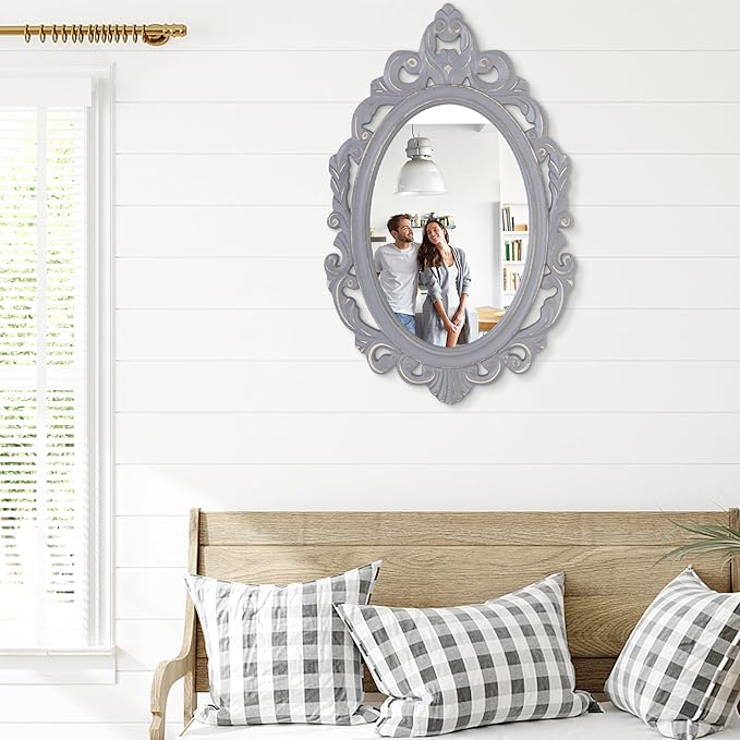 Vintage Hanging Wall Mirror Wall Decor 28"x20" Antique Oval Carved Wood Frame Bathroom Mirror Vanity Rustic Wall Mounted Mirrors Decorative Farmhouse Mirrors for Bedroom Living Room Grey