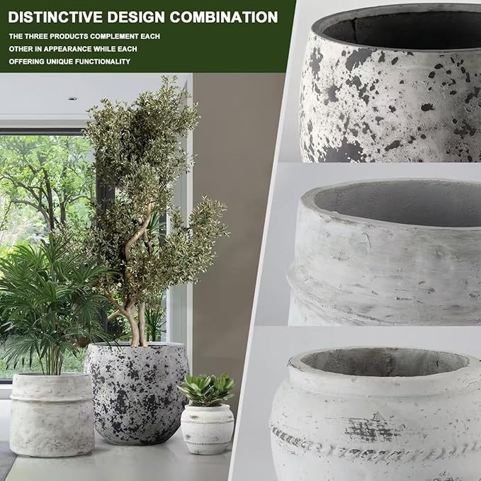 Craft flowerpots 18"+13"+9" Dia Round Concrete Planter Set of 3 Large Outdoor/Indoor Planter Pots Containers with Drainage Holes and Rubber Plug for Home Garden (White, Large)