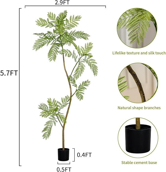 5.7FT Artificial Tree Fake Jacaranda Tree,Faux Tall Tree Lifelike Green Leaves Large Plants Indoor Fake Trees for Home Decor