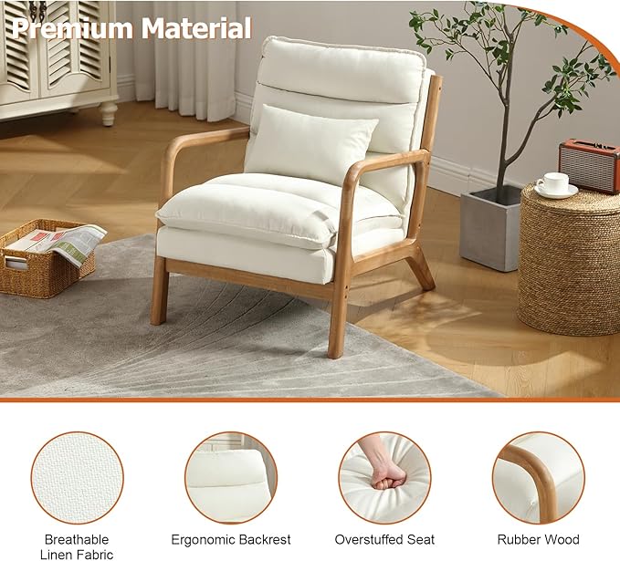 INZOY Accent Chairs Set of 2, Mid Century Modern Accent Chair with Wood Frame, Upholstered Reading Armchair with Waist Cushion, Side Chair for Living Room Bedroom Office, Easy Assembly, White