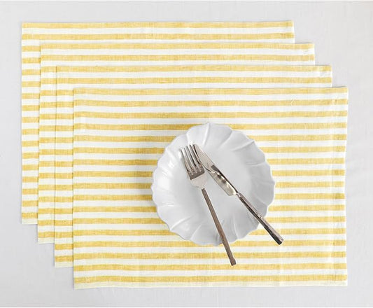 Solino Home Linen Placemats Set of 4 - Amalfi Stripe Primrose Yellow and White Placemats 14 x 19 Inch - 100% Pure Linen Place Mats