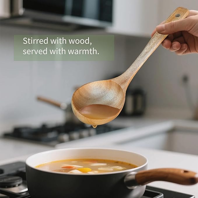 Wooden Utensils, 11 PCS Natural Acacia Wooden Spoons & Kitchen Utensils Set, Non-Stick Spatula Ladle Serving Spoon for Baking Stirring Cooking