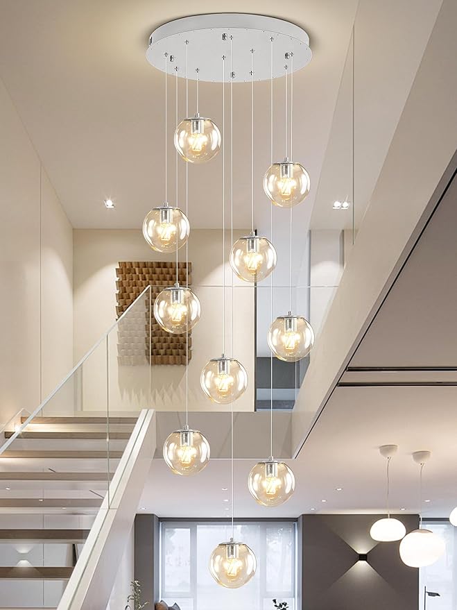 H118 Staircase Chandelier for Entryway Modern Globe Chandelier 12-Lights Glass Globe Pendant Light Large Chandeliers for High Ceiling Foyer Stairwell