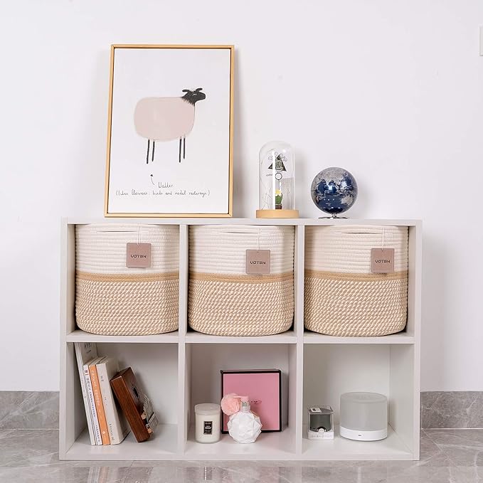 voten Cube Storage Baksets Bins 11x11’’ Fit 12x12’’ Organizer Bookcases Shelving,Stylish&Durable Woven Cotton Basket Containers for Organizing 3-Pack Off White/Mixed Camel