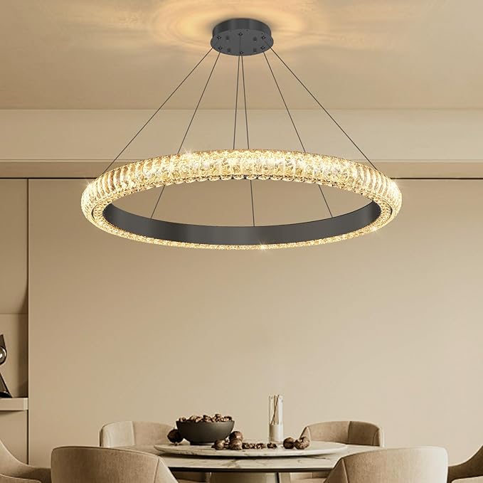 32" 1 Ring Crystal Chandelier Modern LED Dimmable Ring Pendant Light Chandelier for Dining Room Living Room Black