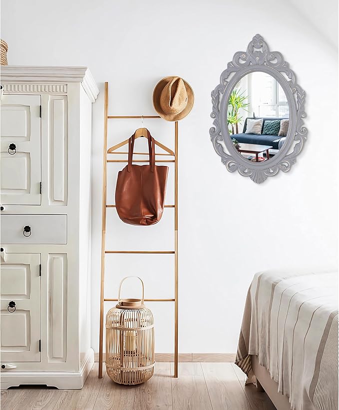 Oval Wooden Hanging Mirror - Grey Carved Frame Wall Mirror Rustic Vintage Decorative Aesthetic for Vanity Bedroom Living Room Entryway Farmhouse 24"x16"