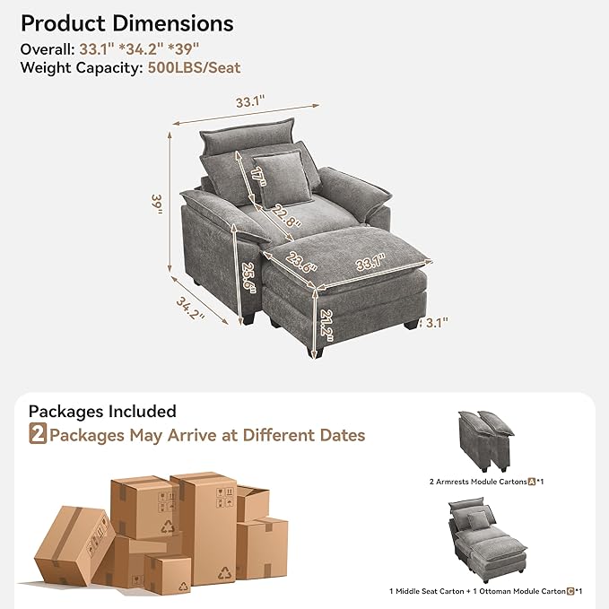 46''Cloud Oversized Sofa Chair with Detachable Headrest, Upholstered Comfy Arm Accent Chair with Ottoman,Modern Chenille Reading Lounge Armchair for Living Room,Bedroom, Light Grey