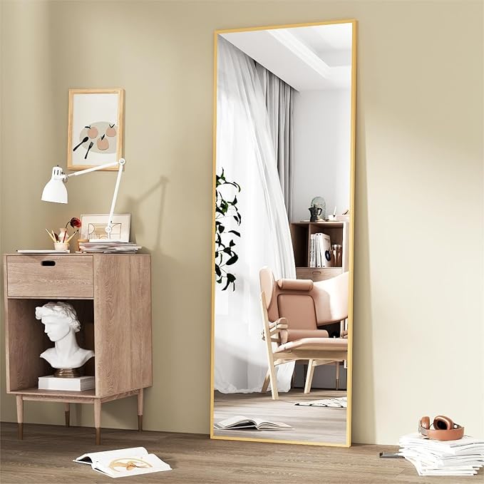 65"x24"Full Length Mirror with Stand,Gold Large Mirror,Shatterproof Tempered Glass&Aluminum Alloy Frame,Freestanding Full Body Mirrorr for Bedroom,Living Room,Dressing Room