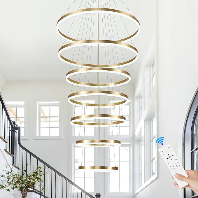 7 Rings Modern LED Chandelier Gold Dimmable Large Foyer Chandeliers Entryway High Ceiling for Staircase, High Ceiling Pendant Lights for Entryway Living Room, 3000K-6500K CCT