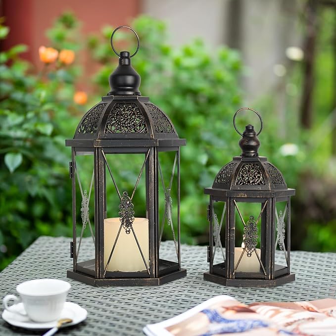 DECORKEY Large Lantern Decorative Outdoor & Indoor, Set of 2 (15’’&10’’) Metal Candle Lanterns Decor, Vintage Hanging Candle Holder for Front Porch Patio Wedding Farmhouse Home, Spring Decoration