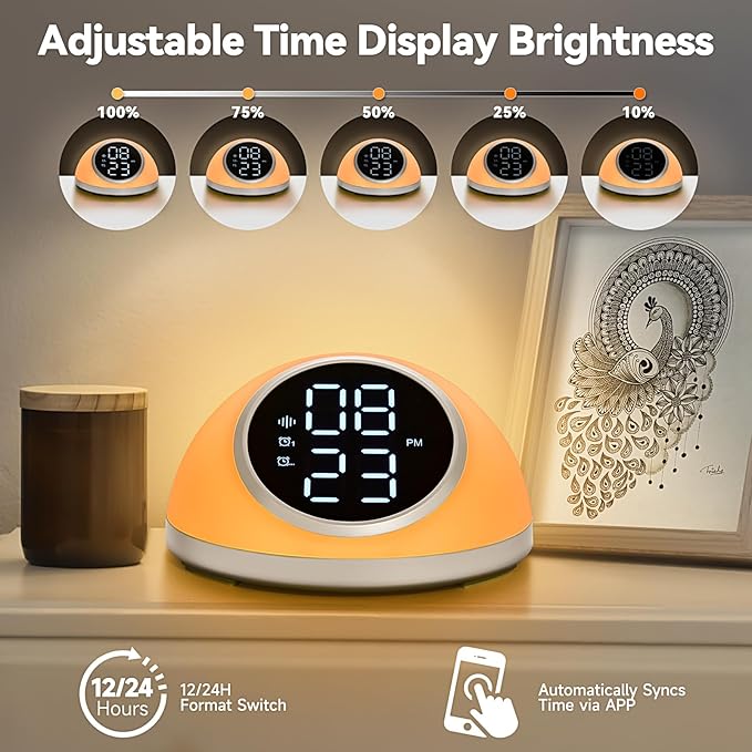 Alarm Clocks Bedrooms Sleep Sounds, Digital Dual Alarm Clock Bedroom, Bedside Alarm Clock Adjustable Brightness Button/App Control Night Light White Noises 12/24H Up to 10 Alarms, White