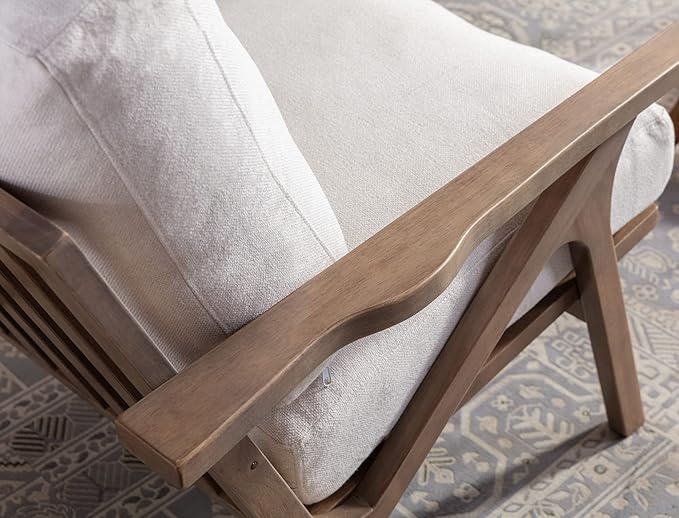 Wahson Mid Century Arm Chair and Ottoman Set, Upholstered Accent Armchair with Wood Frame and Linen Cushions, Leisure Slipper Chair for Living Room/Bedroom, Cream