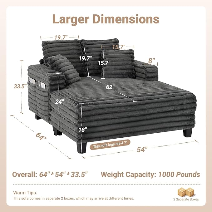 Chaise Lounge Chair Indoor, 64" Oversized Sleeper Chair with Wood Frame, Upholstered Sofa Bed for Living Room, Movie Room, Bedroom with 4 Storage Pockets&2 Cup Holders(Plush Corduroy, Grey)