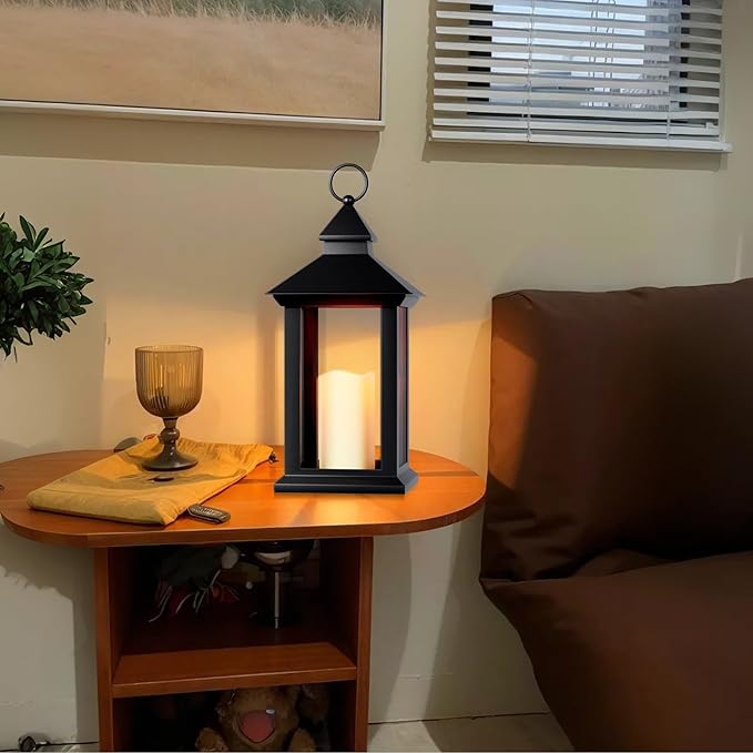 Lanterns Decorative Indoor, 14" Battery-Powered Waterproof Black LED Candle Lanterns with Timer for Patio & Outdoor, Vintage Hanging Lantern for Home & Wedding, Transparent