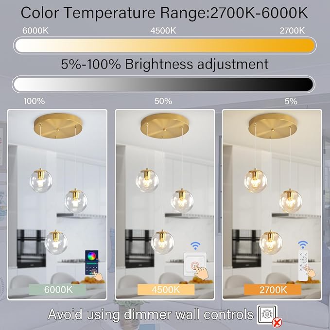 Globe Glass Pendant Light Modern Gold Clear Globe Glass Chandelier Mid Century Chandelier 3-Light Hanging Fixture for Kitchen Island Foyer Hallway Dining Room