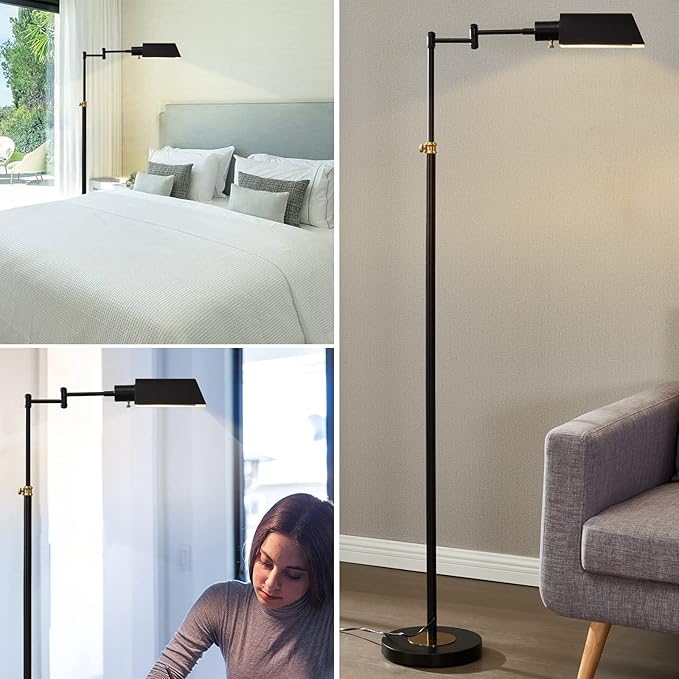 GyroVu Dimmable LED Pharmacy Floor Lamp for Living Room, Full Range Dimming Bedroom Floor Lamp, Adjustable Height Standing Lamp with 350° Swing Arm