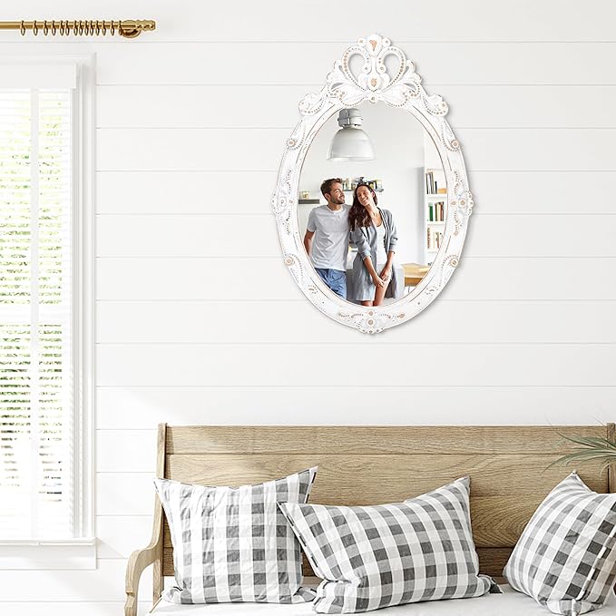 White Oval Wood Mirror for Wall Vintage Framed Hanging Bedroom Wall Mirror Rustic Bathroom Mirrors Wall Mirrors Decorative for Home Vanity Living Room Entryway 24"x16"