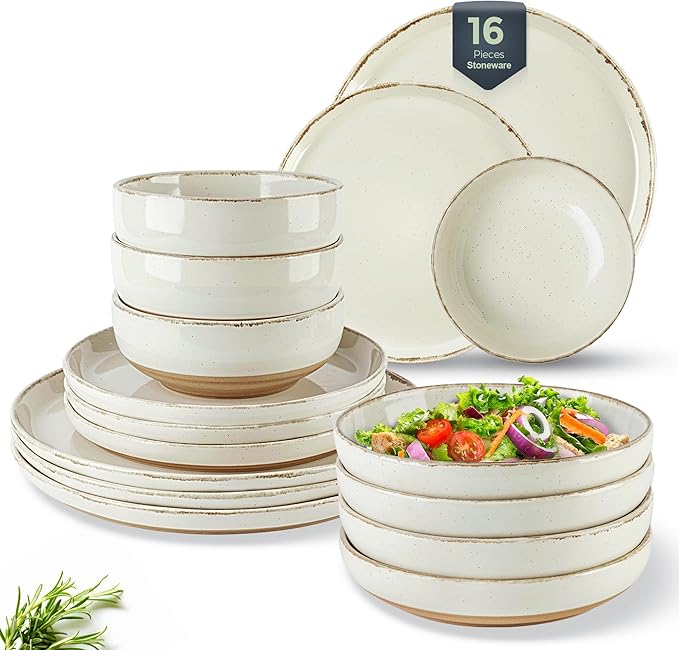 AmorArc 16 Pieces Ceramic Dinnerware Sets for 4, Handpainted Plates and Bowls Set with Rustic Terracotta Underside, Scratch Resistant Stoneware Dishes Set, Dishwasher & Microwave Safe, Light Beige