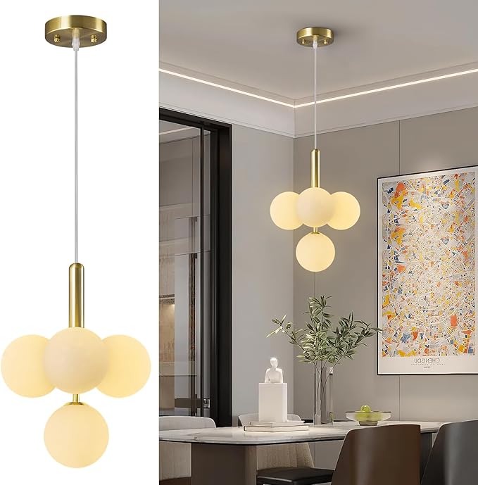 4 Light Globe Chandelier Mid Century Pendant Light with Milky White Glass Shade Modern Gold Sputnik Chandeliers for Dining Room Living Room Bedroom Kitchen Island
