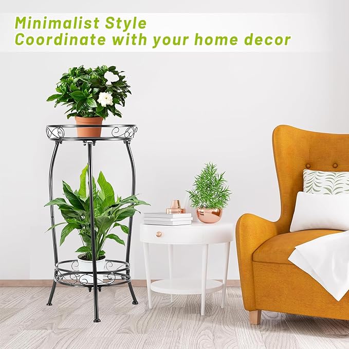 Plant Stand Indoor Outdoor 2 Tier 26.77" Tall Metal Potted Holder Rack Flower Pot Stand Heavy Duty Plant Shelf Rustproof Iron Multiple Plant Round Supports Rack Garden Balcony Patio Plants