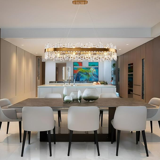 Rectangle Crystal Chandeliers, L43.4 inch 20-Light Brass Gold Chandelier Lighting Fixture, Height Adjustable Oval Pendant Ceiling Light for Dining Room Over Table Kitchen Island