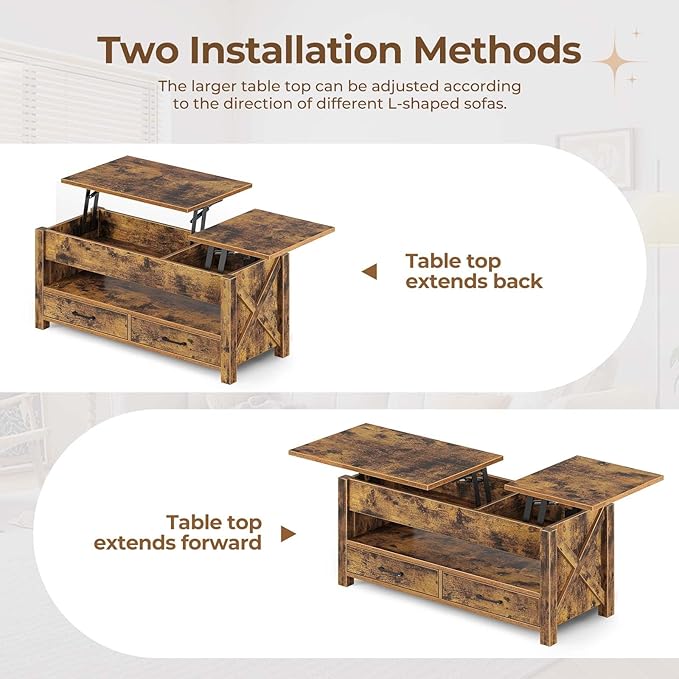 Seventable Coffee Table, 39.3" Lift Top Coffee Table with 2 Storage Drawers and Hidden Compartment, Farmhouse Center Table with Wooden Lift Tabletop, for Living Room,Rustic Brown