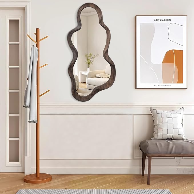 Large Asymmetrical Mirrors for Wall Wood Frame Irregular Mirror Unique Cloud Wavy Mirror Modern Living Room Bedroom Vanity Entryway Hallway Decorative Artistic Wall Mirror