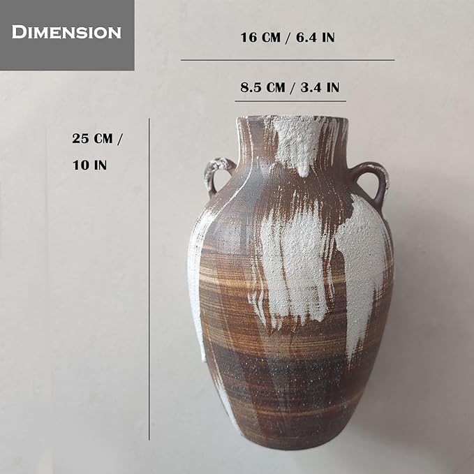Rustic Pottery Vase - 10" Handmade Brown and White Farmhouse Vase with Handle, Unique Boho vase, Decorative Neutral Vases Home Decor, Vintage Ceramic Flower vases for Living Room, Kitchen Decor