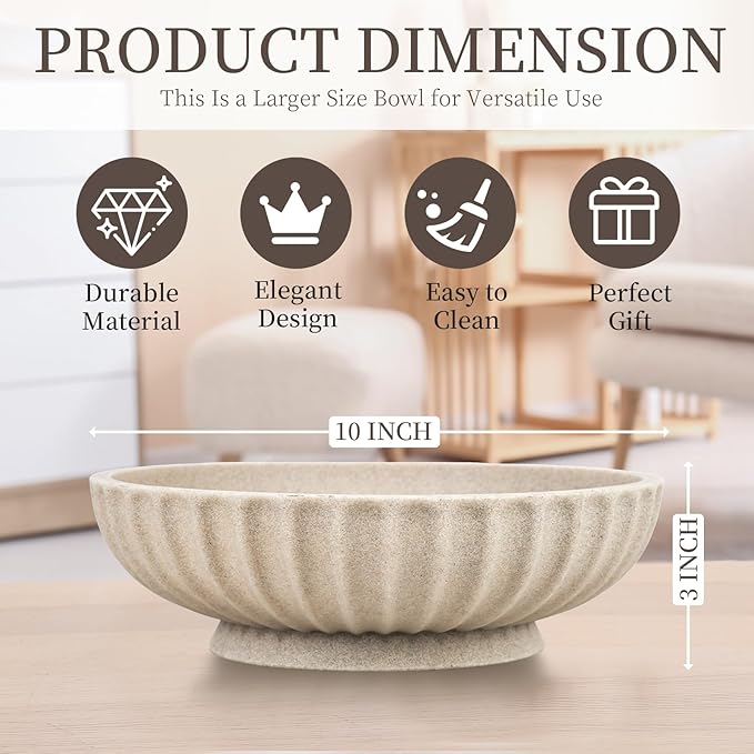 Large Decorative Bowl - Fruit Bowl for Kitchen Counter - Modern Decorative Bowl for Home Decor,Key Bowl for Entryway Table - Artificial Stone Beige