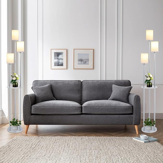 Floor Lamps for Living Room, 3-Lights Modern Floor Lamp with Shelves, Chrome Standing Lamp with Fabric Shade and Foot Switch, Shelf Standing Lamps with Table, Tall Lamps for Bedroom Office