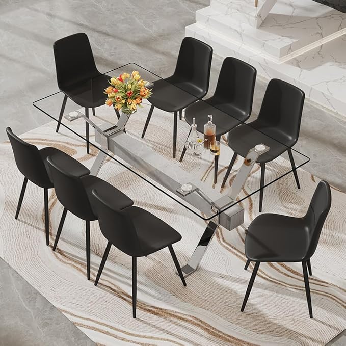 71'' Glass Dining Table Set for 8,9 Piece Dining Table Set with Tempered Glass Tabletop and Open‑Frame X‑Shaped Metal Base,Kitchen Table and Chairs Ideal for Dining Room&Home Office