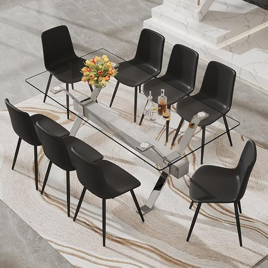 71'' Glass Dining Table Set for 8,9 Piece Dining Table Set with Tempered Glass Tabletop and Open‑Frame X‑Shaped Metal Base,Kitchen Table and Chairs Ideal for Dining Room&Home Office