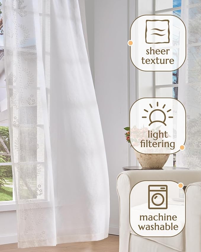 jinchan Belrose Linen Sheer Curtains for Living Room 84 Inch Length Sheer Voile Embroidered Floral Curtains for Bedroom Light Filtering Rod Pocket Window Treatments Farmhouse Decor 2 Panels White